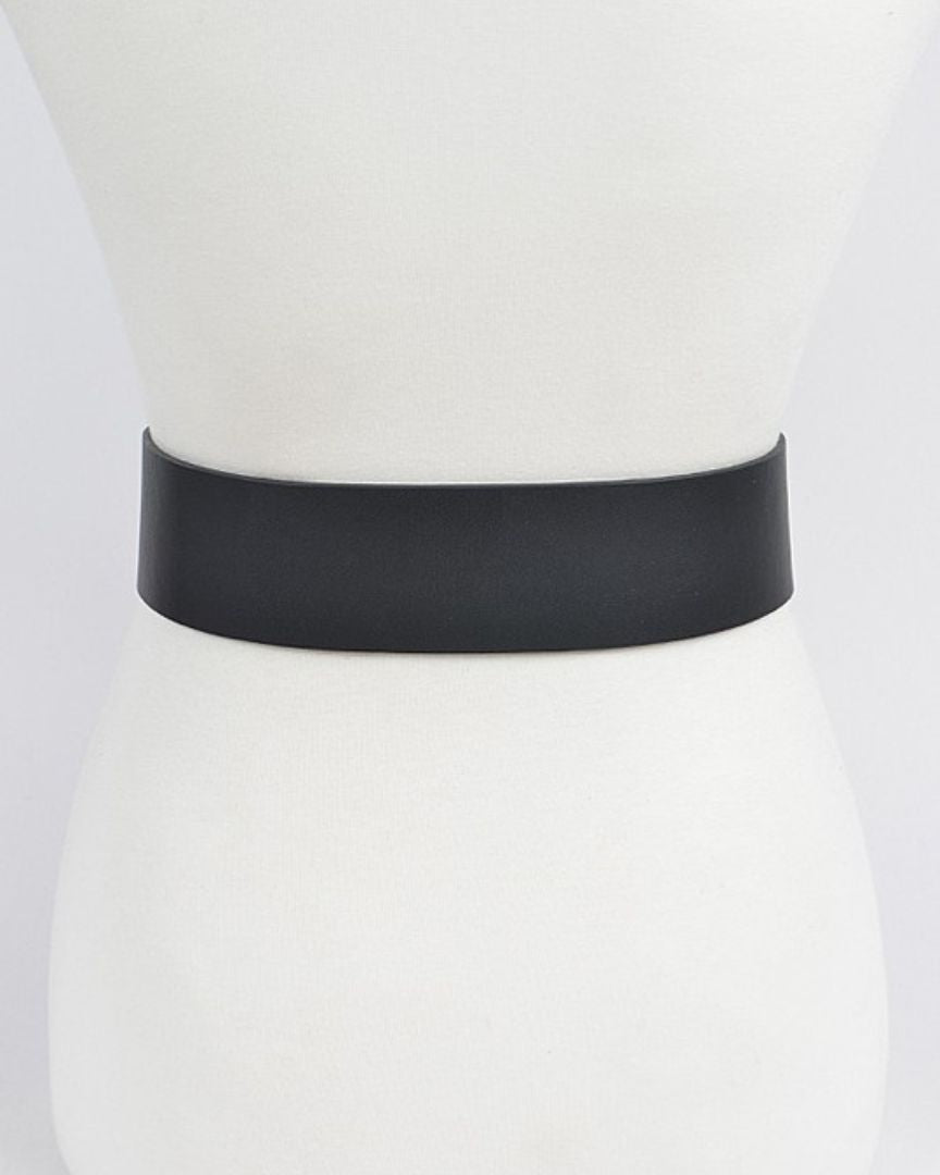 black faux leather belt with square buckle