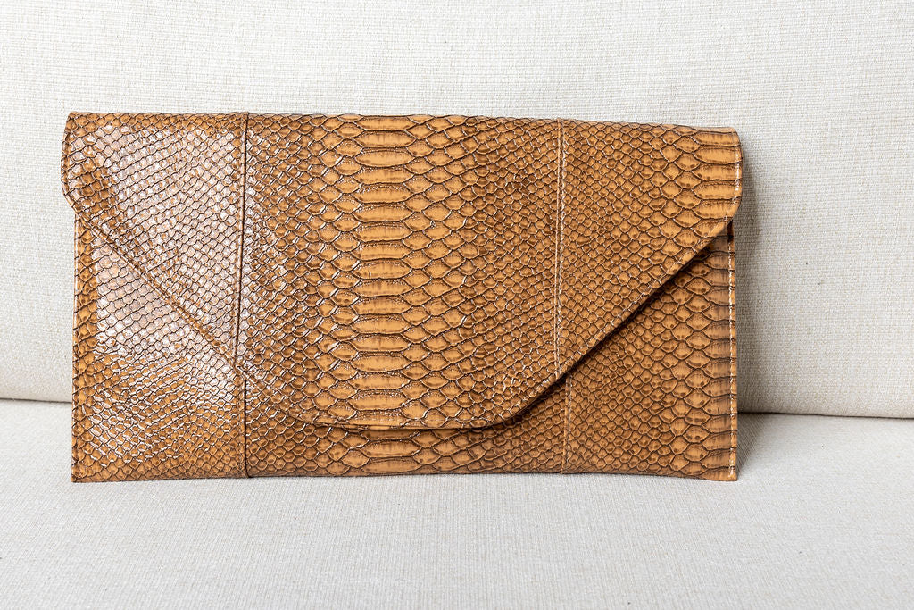 brown vegan leather clutch handbag